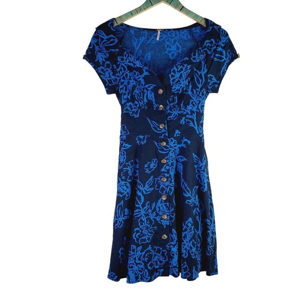 Free People Blue Floral Button-up Linen Mini Dress, Sz 0 - Picture 2 of 10